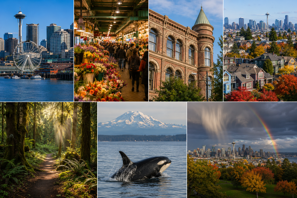 Seattle waterfront, Pike Place Market, historic architecture, colorful neighborhoods, Pacific Northwest forests, marine wildlife, and seasonal weather scenes that inspire local artists and creative expression.