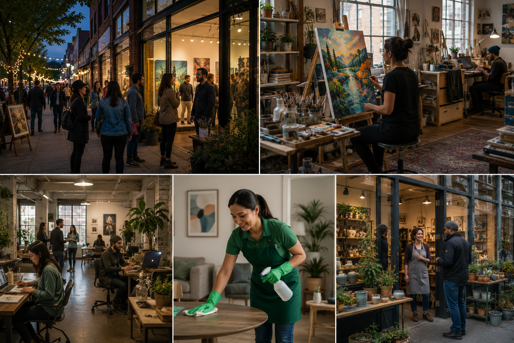 Seattle creative spaces including art galleries, artist studios, collaborative workspaces, local businesses, and residential cleaning services that help support the city’s vibrant arts and creative community.