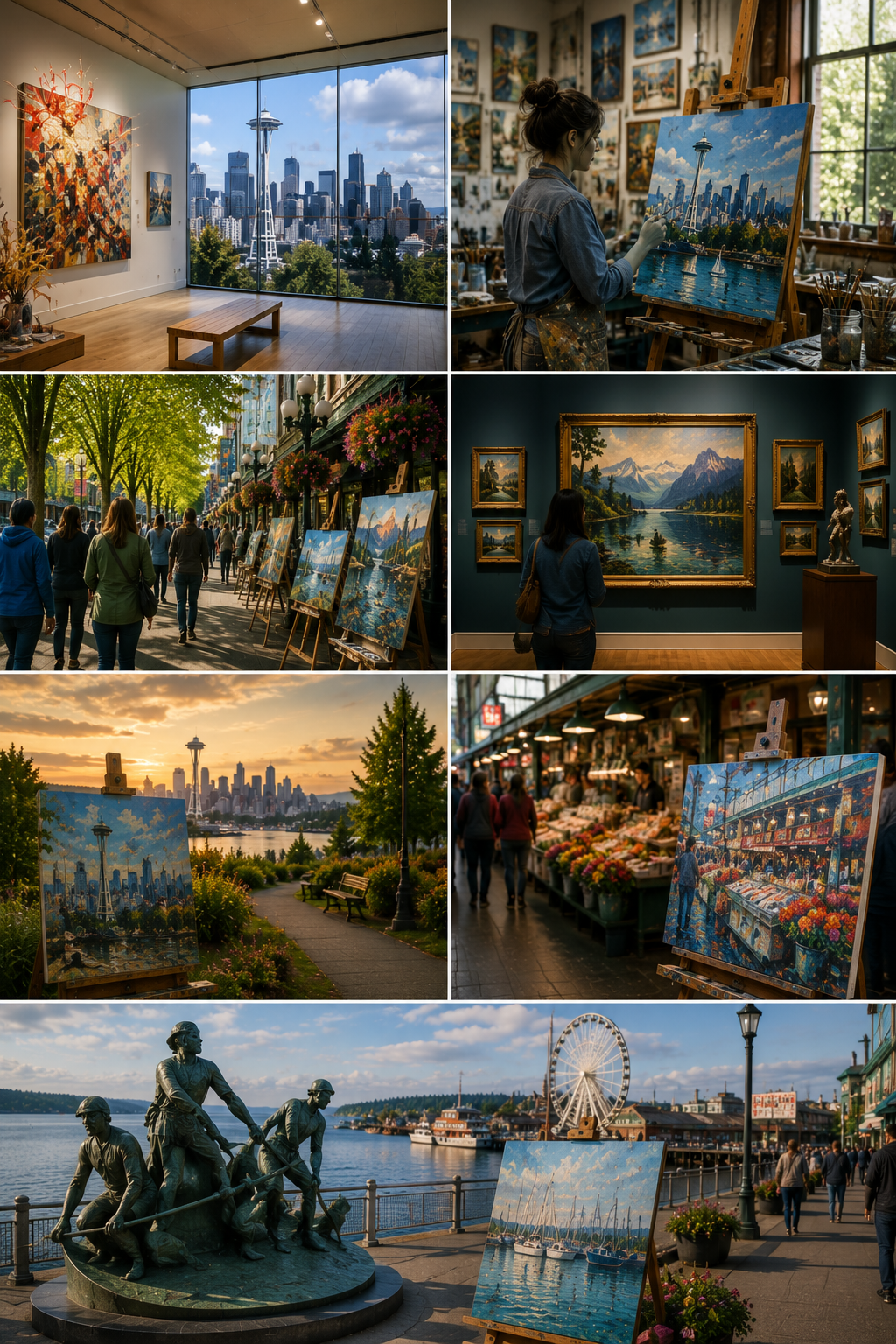 Collection of Seattle art experiences featuring galleries, local artists, art walks, Pacific Northwest landscapes, Pike Place Market-inspired artwork, waterfront scenes, and creative cultural destinations throughout Seattle.