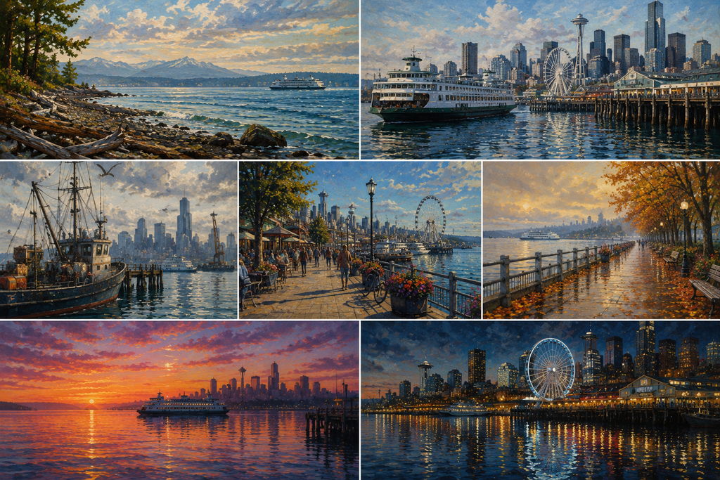 Collection of Seattle waterfront-inspired scenes featuring coastal landscapes, ferries, working boats, public promenades, seasonal skies, city shoreline views, and colorful reflections across Elliott Bay that showcase the natural beauty and maritime character of Seattle.
