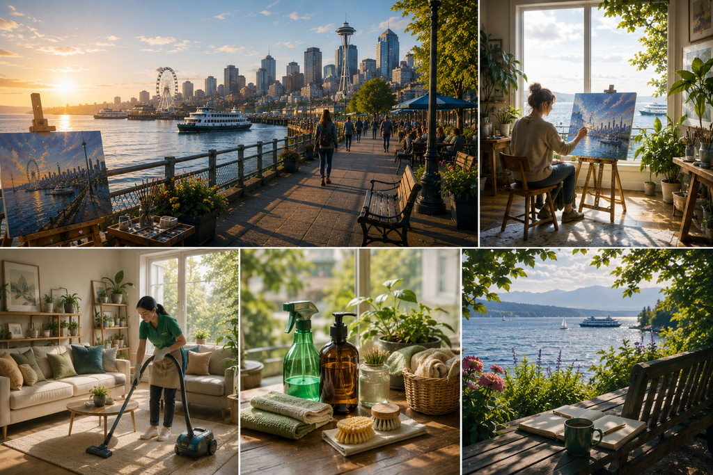 Bright and welcoming Seattle-inspired environment featuring a peaceful waterfront promenade, a clean and organized home, an artist’s creative workspace, eco-friendly cleaning supplies, and relaxing natural surroundings that encourage creativity, comfort, and productivity.