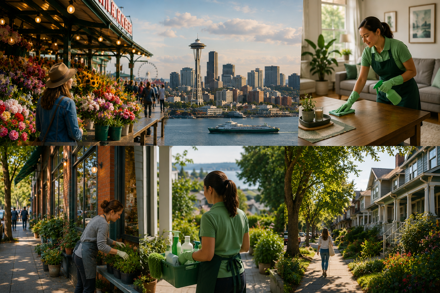 Seattle neighborhood scene featuring local businesses, vibrant community spaces, residential cleaning services, walkable streets, and iconic city views that contribute to the quality of life and community spirit throughout Seattle.